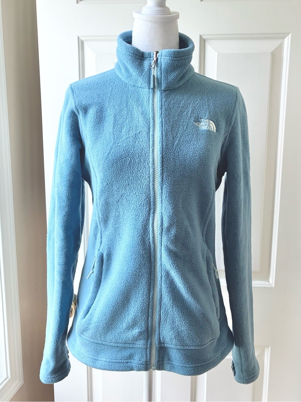 The North Face Full Zip Fleece Jacket Raised Mock Neck Light Blue Size S